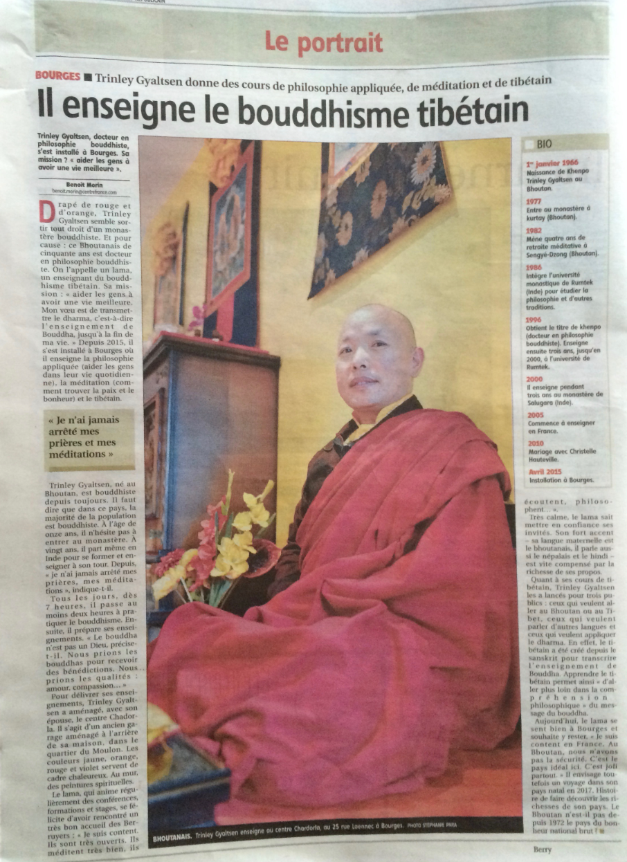 Article du Berry Républicain sur Khenpo Trinley Gyaltsen dont le titre est "Il enseigne le bouddhisme à Bourges". 2015