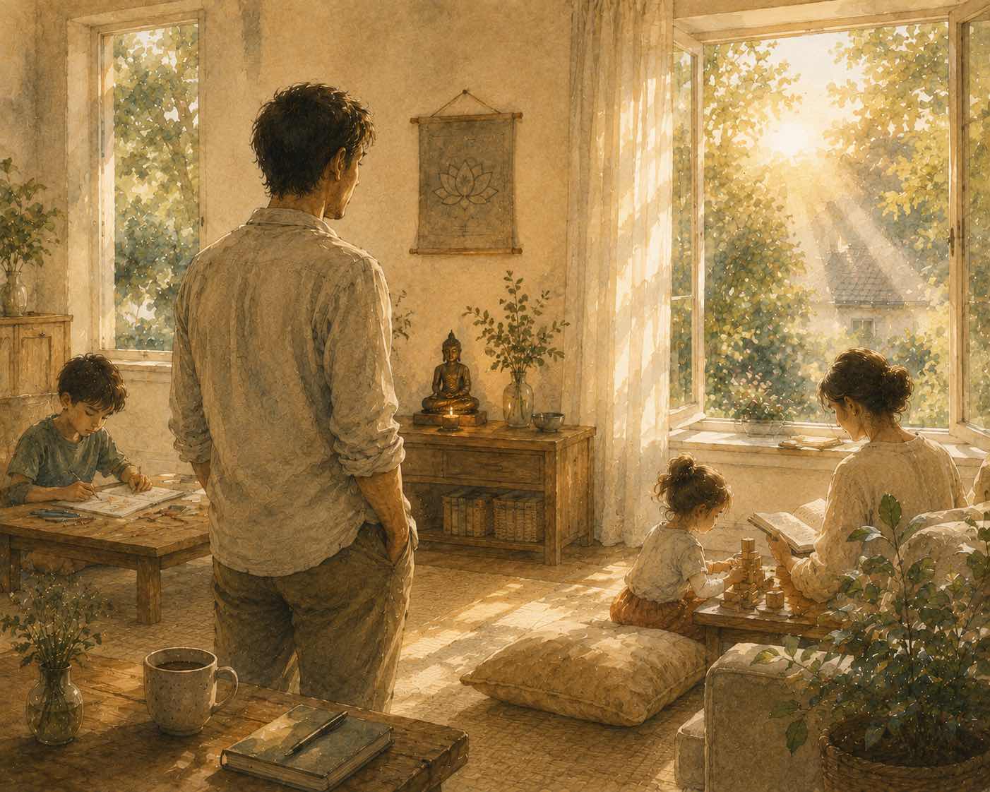 Une famille dans le séjour de leur maison. Le père est debout et regarde sa famille. Sa femme est assise dans un fauteuil, elle lit. A ses pieds, leur fille de 3 ans joue. A côté du père, leur fils de 7 ans fait ses devoirs sur une table basse. Sur une commode, un bouddha avec une bougie allumée et une peinture d'un lotus au mur. La fenêtre est grande ouverte et laisse pénétrer la lumière presque divine du soleil. Ce père souhaite que tout aille bien pour sa famille, il prie Bouddha d'apporter les bénédictions à sa famille.