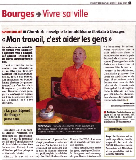 Article de journal Le Berry Républicain, sur Khenpo Trinley Gyaltsen, de 2015, avec pour titre "Mon travail, c'est aider les gens".