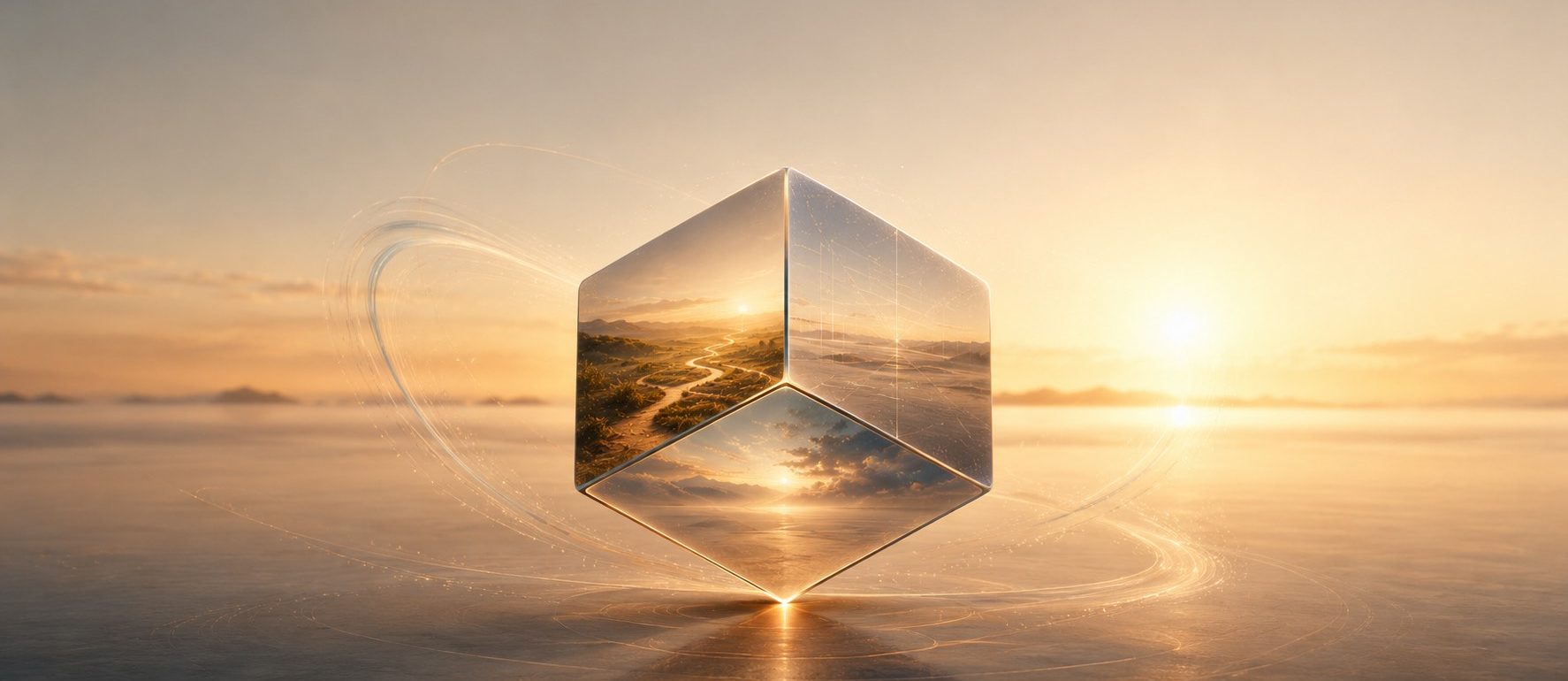 Un cube est posé sur un pointe. 3 faces du cube reflètent chacune une vue différentes parce qu'elles ne regardent pas au même endroit. Autour des mouvements symbolisant les mouvements de la vie, de l'esprit. Les tons sont dorés, et lumière dorée. Un soleil est perceptible à l'horizon, lui aussi fondu dans la lumière dorée. Le cube représente l'esprit et 3 façon différentes de regarder une même situation : L’exploration intérieure permet de partir du vécu. La philosophie aide à ouvrir à une autre compréhension de ce vécu.. Les enseignements bouddhistes offrent des repères pour l’inscrire dans une sagesse plus profonde.
