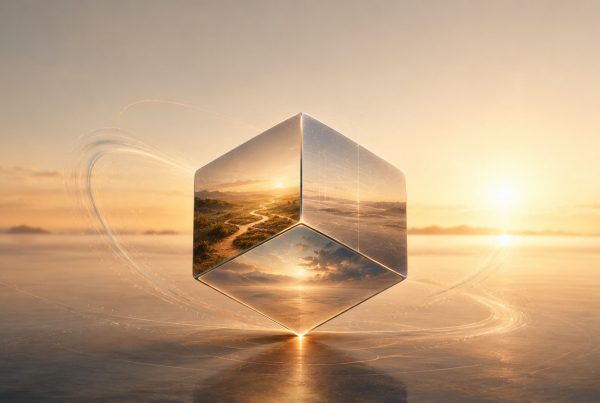 Un cube est posé sur un pointe. 3 faces du cube reflètent chacune une vue différentes parce qu'elles ne regardent pas au même endroit. Autour des mouvements symbolisant les mouvements de la vie, de l'esprit. Les tons sont dorés, et lumière dorée. Un soleil est perceptible à l'horizon, lui aussi fondu dans la lumière dorée. Le cube représente l'esprit et 3 façon différentes de regarder une même situation : L’exploration intérieure permet de partir du vécu. La philosophie aide à ouvrir à une autre compréhension de ce vécu.. Les enseignements bouddhistes offrent des repères pour l’inscrire dans une sagesse plus profonde.
