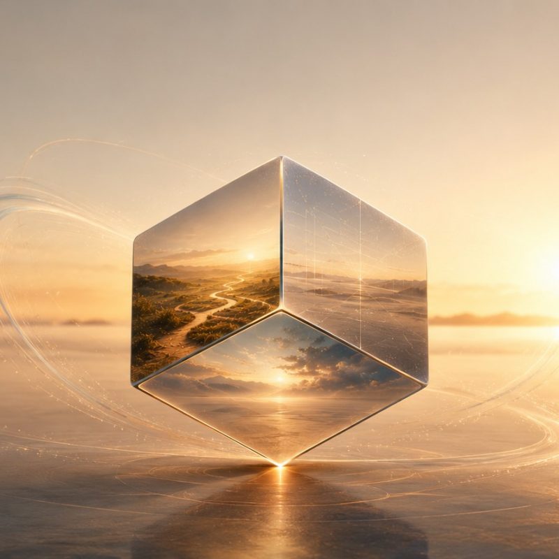 Un cube est posé sur un pointe. 3 faces du cube reflètent chacune une vue différentes parce qu'elles ne regardent pas au même endroit. Autour des mouvements symbolisant les mouvements de la vie, de l'esprit. Les tons sont dorés, et lumière dorée. Un soleil est perceptible à l'horizon, lui aussi fondu dans la lumière dorée. Le cube représente l'esprit et 3 façon différentes de regarder une même situation : L’exploration intérieure permet de partir du vécu. La philosophie aide à ouvrir à une autre compréhension de ce vécu.. Les enseignements bouddhistes offrent des repères pour l’inscrire dans une sagesse plus profonde.