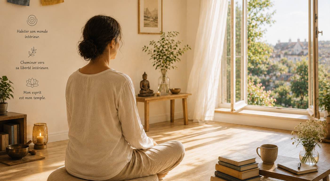 Une personne médite assise sur un coussin, devant un fenêtre ouverte, un bouddha sur une étagère, des drapeaux de prières aux murs. L'ambiance est claire, lumineuse, calme, silencieuse, paisible. L'esprit est détendu et stable