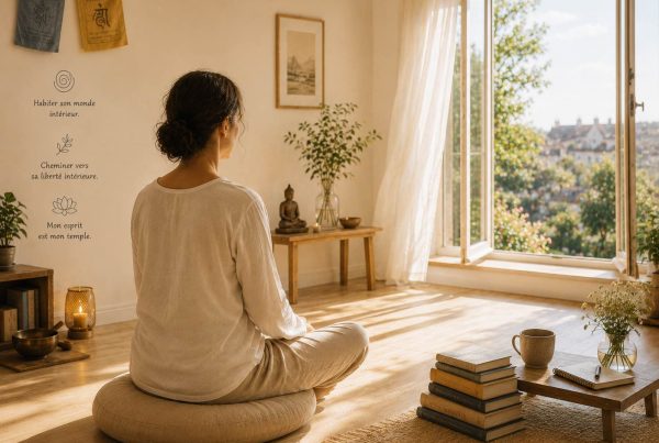 Une personne médite assise sur un coussin, devant un fenêtre ouverte, un bouddha sur une étagère, des drapeaux de prières aux murs. L'ambiance est claire, lumineuse, calme, silencieuse, paisible. L'esprit est détendu et stable