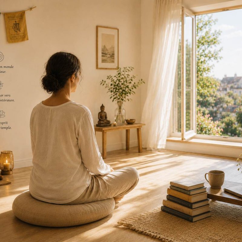 Une personne médite assise sur un coussin, devant un fenêtre ouverte, un bouddha sur une étagère, des drapeaux de prières aux murs. L'ambiance est claire, lumineuse, calme, silencieuse, paisible. L'esprit est détendu et stable