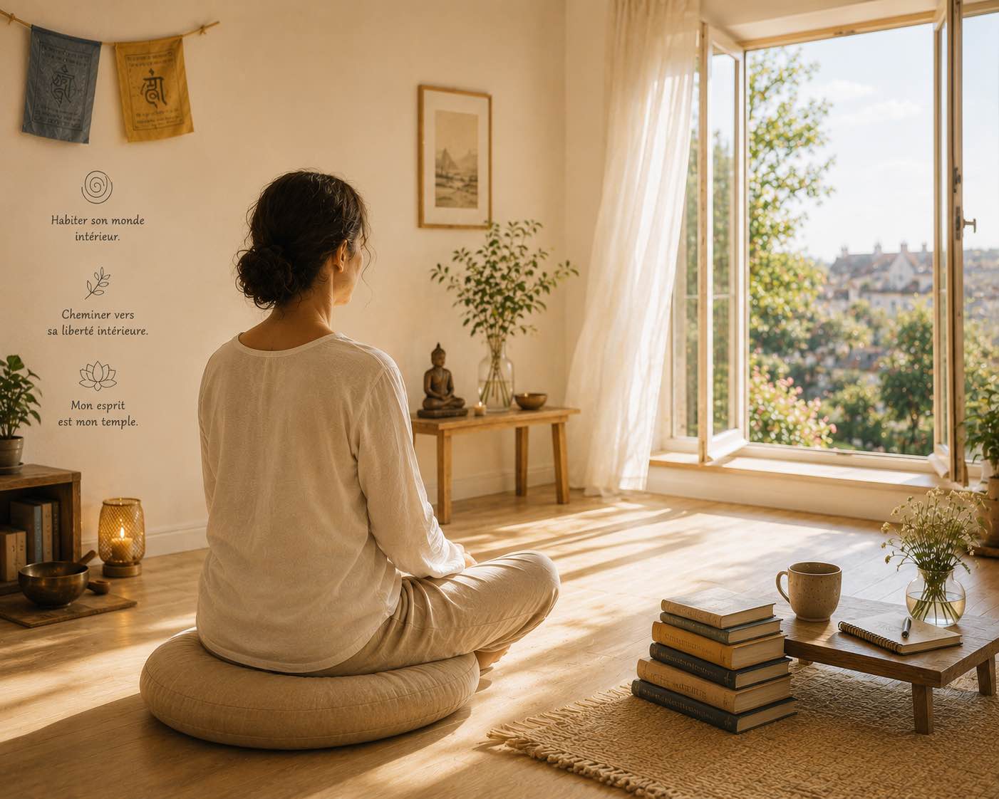 Une personne médite assise sur un coussin, devant un fenêtre ouverte, un bouddha sur une étagère, des drapeaux de prières aux murs. L'ambiance est claire, lumineuse, calme, silencieuse, paisible. L'esprit est détendu et stable