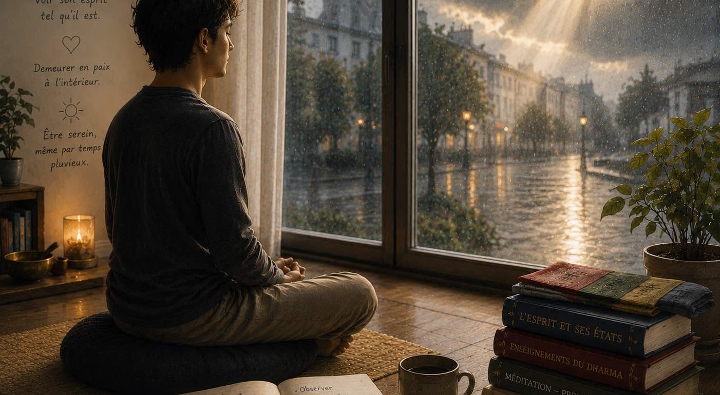 Une homme est assis au sol sur un coussin, un pile de livre sur sa droite sur laquelle sont posés des drapeaux de prières pliés, une bougie allumée sur gauche, au sol. Il est face à la baie vitrée. Dehors, il fait sombre, le ciel est très couvert, gris, un rayon de soleil tranche les nuages pour se faire un passage. La rue de la ville est éclairée par les lampadaires et on voit les immeubles, une rue haussmanienne. Il a un livre d'apprentissage posé à côté de lui sur lequel il a écrit "Il y a une vie intérieure. je la découvre et j'en prends soin. Observer, comprendre, accueillir, revenir, rester."