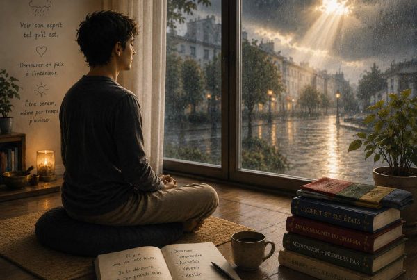 Une homme est assis au sol sur un coussin, un pile de livre sur sa droite sur laquelle sont posés des drapeaux de prières pliés, une bougie allumée sur gauche, au sol. Il est face à la baie vitrée. Dehors, il fait sombre, le ciel est très couvert, gris, un rayon de soleil tranche les nuages pour se faire un passage. La rue de la ville est éclairée par les lampadaires et on voit les immeubles, une rue haussmanienne. Il a un livre d'apprentissage posé à côté de lui sur lequel il a écrit "Il y a une vie intérieure. je la découvre et j'en prends soin. Observer, comprendre, accueillir, revenir, rester."