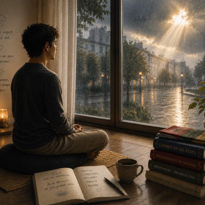 Une homme est assis au sol sur un coussin, un pile de livre sur sa droite sur laquelle sont posés des drapeaux de prières pliés, une bougie allumée sur gauche, au sol. Il est face à la baie vitrée. Dehors, il fait sombre, le ciel est très couvert, gris, un rayon de soleil tranche les nuages pour se faire un passage. La rue de la ville est éclairée par les lampadaires et on voit les immeubles, une rue haussmanienne. Il a un livre d'apprentissage posé à côté de lui sur lequel il a écrit "Il y a une vie intérieure. je la découvre et j'en prends soin. Observer, comprendre, accueillir, revenir, rester."