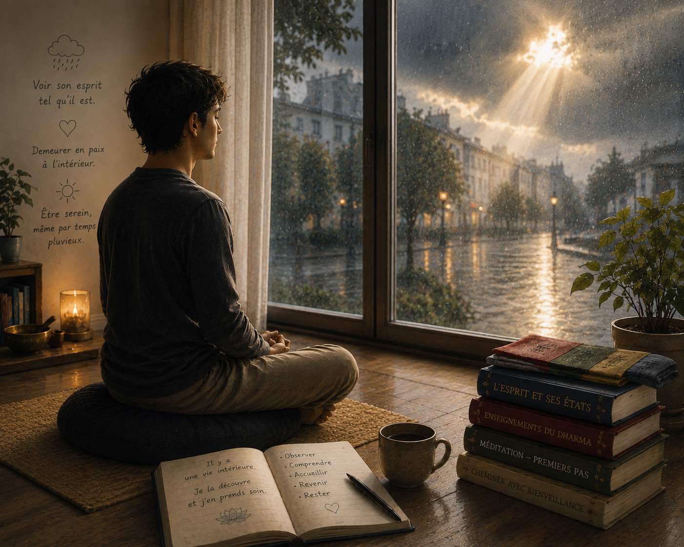 Une homme est assis au sol sur un coussin, un pile de livre sur sa droite sur laquelle sont posés des drapeaux de prières pliés, une bougie allumée sur gauche, au sol. Il est face à la baie vitrée. Dehors, il fait sombre, le ciel est très couvert, gris, un rayon de soleil tranche les nuages pour se faire un passage. La rue de la ville est éclairée par les lampadaires et on voit les immeubles, une rue haussmanienne. Il a un livre d'apprentissage posé à côté de lui sur lequel il a écrit "Il y a une vie intérieure. je la découvre et j'en prends soin. Observer, comprendre, accueillir, revenir, rester."