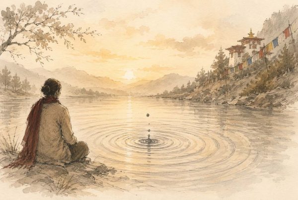 Cycle des renaissances conditionné par nos actes - illustration blog - une personne assise au bord de l'eau, une goutte d'eau tombe dans l'eau et génère des ondulations, au loin un monastère et des drapeaux de prières