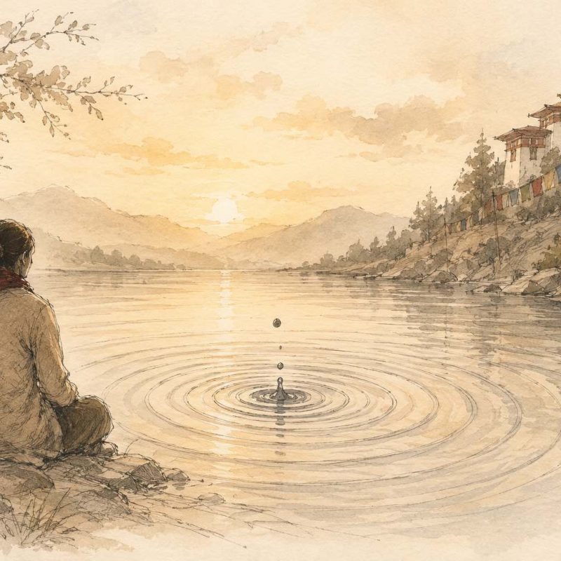 Cycle des renaissances conditionné par nos actes - illustration blog - une personne assise au bord de l'eau, une goutte d'eau tombe dans l'eau et génère des ondulations, au loin un monastère et des drapeaux de prières