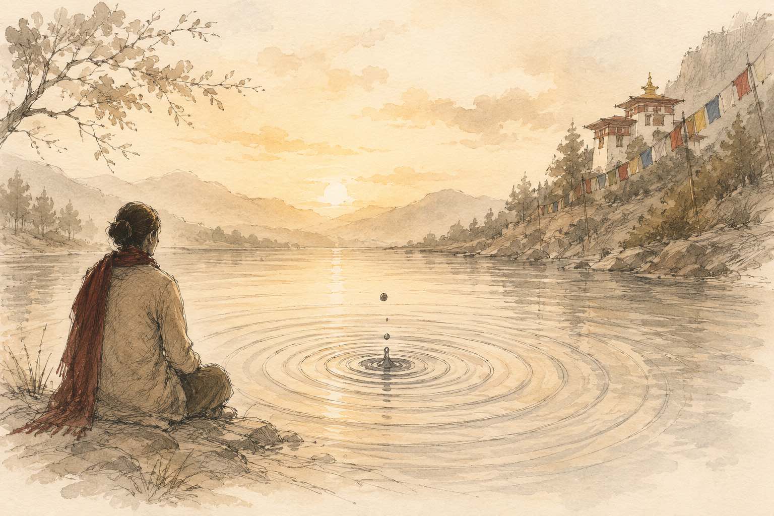 Cycle des renaissances conditionné par nos actes - illustration blog - une personne assise au bord de l'eau, une goutte d'eau tombe dans l'eau et génère des ondulations, au loin un monastère et des drapeaux de prières