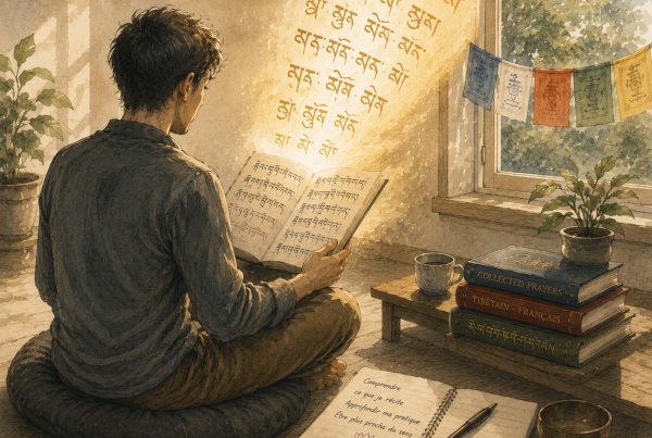 Une personne étudie le tibétain. Autour d'elle, des drapeaux de prières, des livres de bouddhisme. Elle lit un texte en tibétain. Elle apprend à lire le tibétain pour pouvoir lire les textes de philosophie sans traduction. Elle apprend aussi le tibétain pour faire les pratiques des Divinités comme Tara, Tchenrezi... C'est un tibétain philosophique ou parlé, et même du bhoutanais qui partage une grande partie de son alphabet avec le tibétain.