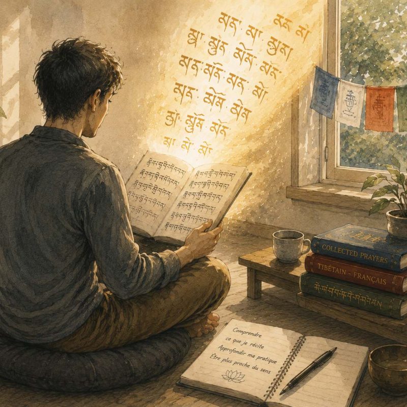 Une personne étudie le tibétain. Autour d'elle, des drapeaux de prières, des livres de bouddhisme. Elle lit un texte en tibétain. Elle apprend à lire le tibétain pour pouvoir lire les textes de philosophie sans traduction. Elle apprend aussi le tibétain pour faire les pratiques des Divinités comme Tara, Tchenrezi... C'est un tibétain philosophique ou parlé, et même du bhoutanais qui partage une grande partie de son alphabet avec le tibétain.