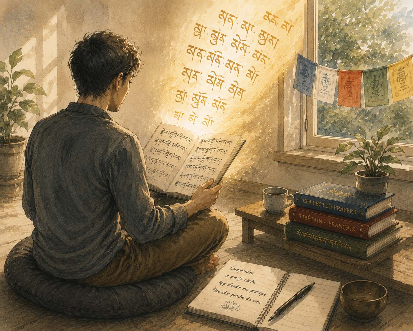 Une personne étudie le tibétain. Autour d'elle, des drapeaux de prières, des livres de bouddhisme. Elle lit un texte en tibétain. Elle apprend à lire le tibétain pour pouvoir lire les textes de philosophie sans traduction. Elle apprend aussi le tibétain pour faire les pratiques des Divinités comme Tara, Tchenrezi... C'est un tibétain philosophique ou parlé, et même du bhoutanais qui partage une grande partie de son alphabet avec le tibétain.