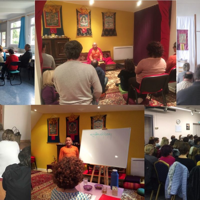 Un montage de photo de plusieurs groupes différents devant lesquels Khenpo Trinley Gyaltsen a enseigné à travers la France