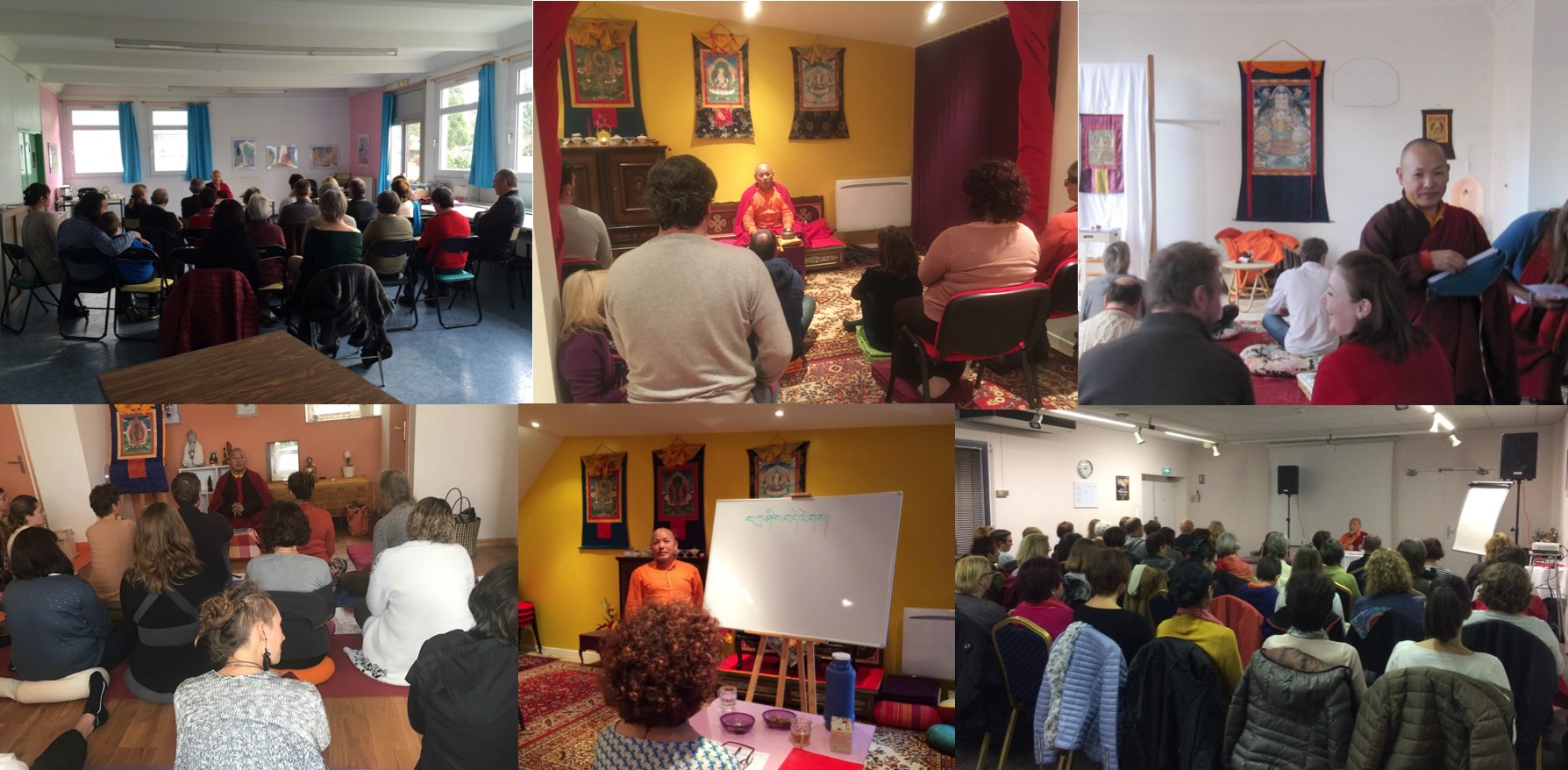 Un montage de photo de plusieurs groupes différents devant lesquels Khenpo Trinley Gyaltsen a enseigné à travers la France