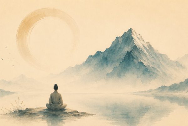 Expérience de silence intérieur. Un m'éditant est assis sur un ilot ou un petit bout de roche au dessus de la brume, une montagne grise et blanche devant lui, un cercle représentant la répétition infini enincrustaiton dans le ciel de couleur sable. Un dessin sous forme d'estampe japonaise. Il découvre l'espace déjà en lui de silence intérieur.