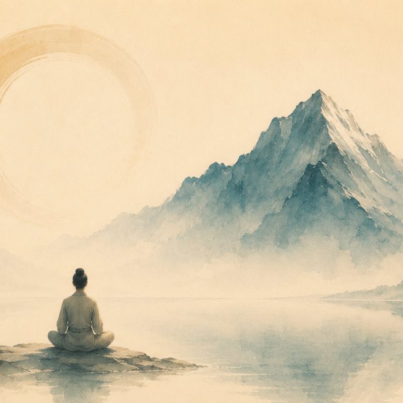 Expérience de silence intérieur. Un m'éditant est assis sur un ilot ou un petit bout de roche au dessus de la brume, une montagne grise et blanche devant lui, un cercle représentant la répétition infini enincrustaiton dans le ciel de couleur sable. Un dessin sous forme d'estampe japonaise. Il découvre l'espace déjà en lui de silence intérieur.