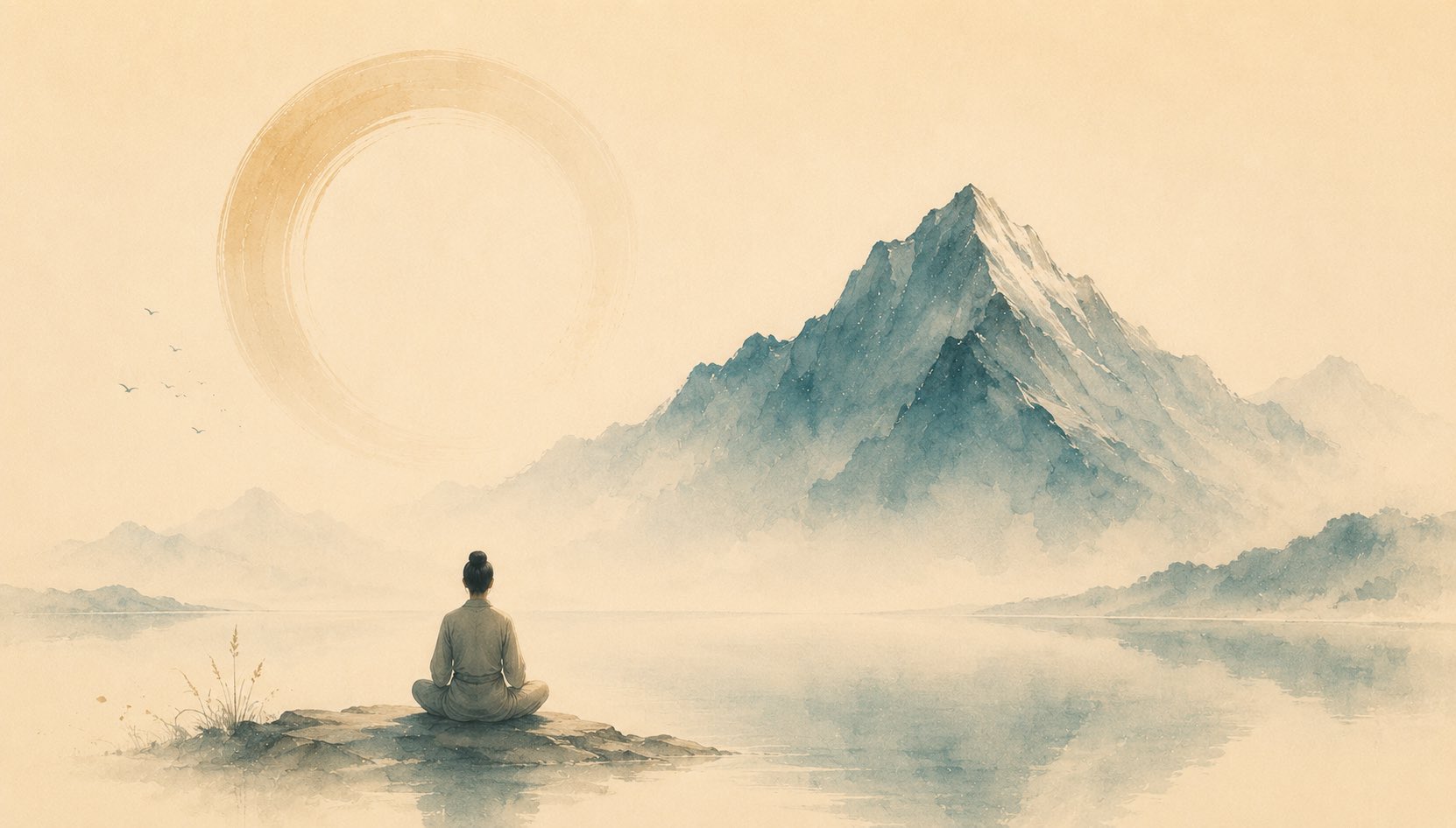Expérience de silence intérieur. Un m'éditant est assis sur un ilot ou un petit bout de roche au dessus de la brume, une montagne grise et blanche devant lui, un cercle représentant la répétition infini enincrustaiton dans le ciel de couleur sable. Un dessin sous forme d'estampe japonaise. Il découvre l'espace déjà en lui de silence intérieur.