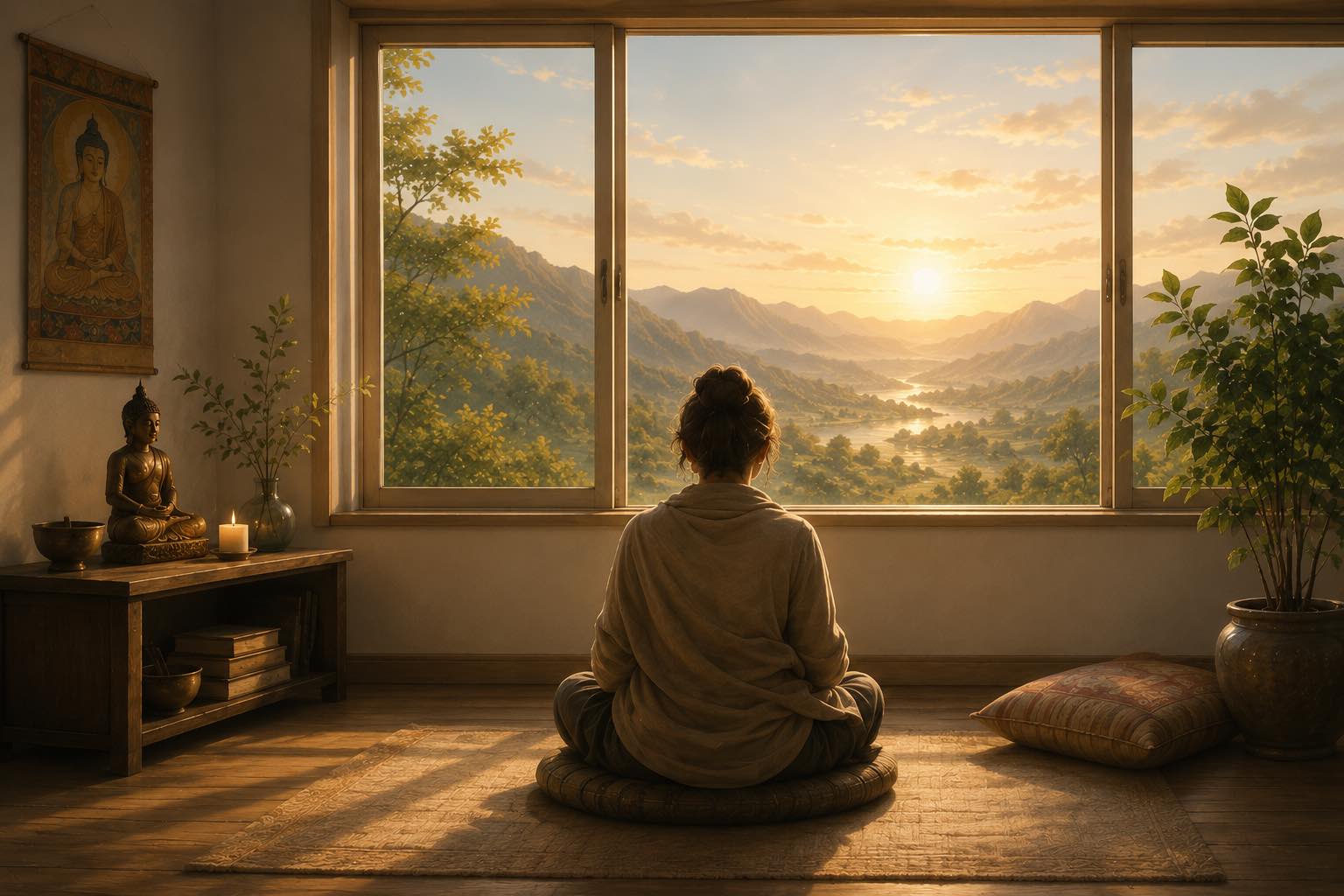 Une personne est assise au sol sur un coussin. Sur sa gauche, un bouddha et une bougie allumée sur une étagère. Elle est de dos et devant une large fenêtre ouverte donnant sur un paysage luxuriant, le soleil à l'horizon et une rivière ondoyante se dirigeant vers ce soleil. L'idée est de retrouver de l'espace quand tout devient trop lourd.