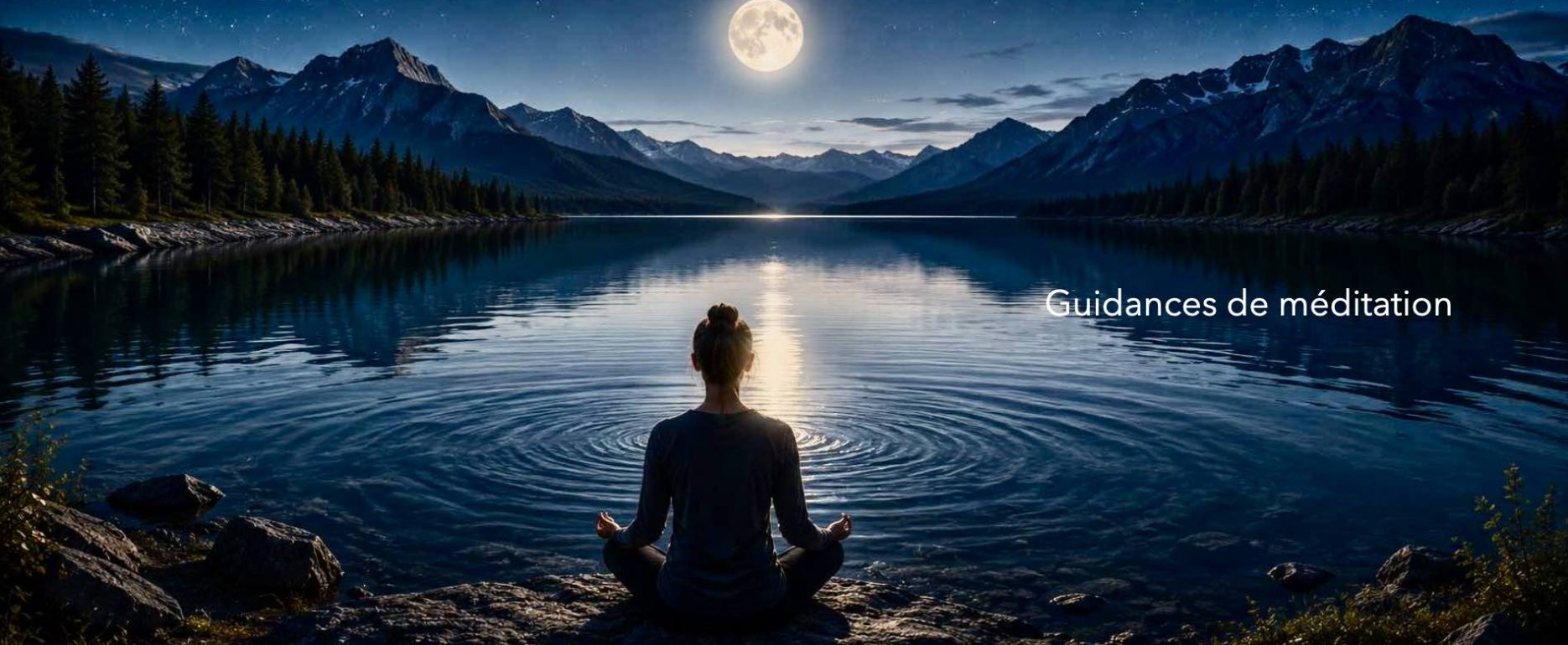 Une femme est assise en lotus ausol devant un lac sur lequel se reflète la lune. Il fait nuit, une nuit bleutée. Les montagne entourent le lac. La lune représente l'esprit qui voit son reflet dans le lac, comme le méditant voit le reflet de son esprit dans la clarté et la stabilité. C'est une image pour un programme de guidance de méditation. L’expérience est au centre. Les personnes explorent leur propre vécu intérieur. Elles apprenent à reconnaître ce qui se joue réellement en elle.