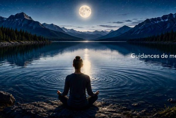 Une femme est assise en lotus ausol devant un lac sur lequel se reflète la lune. Il fait nuit, une nuit bleutée. Les montagne entourent le lac. La lune représente l'esprit qui voit son reflet dans le lac, comme le méditant voit le reflet de son esprit dans la clarté et la stabilité. C'est une image pour un programme de guidance de méditation. L’expérience est au centre. Les personnes explorent leur propre vécu intérieur. Elles apprenent à reconnaître ce qui se joue réellement en elle.