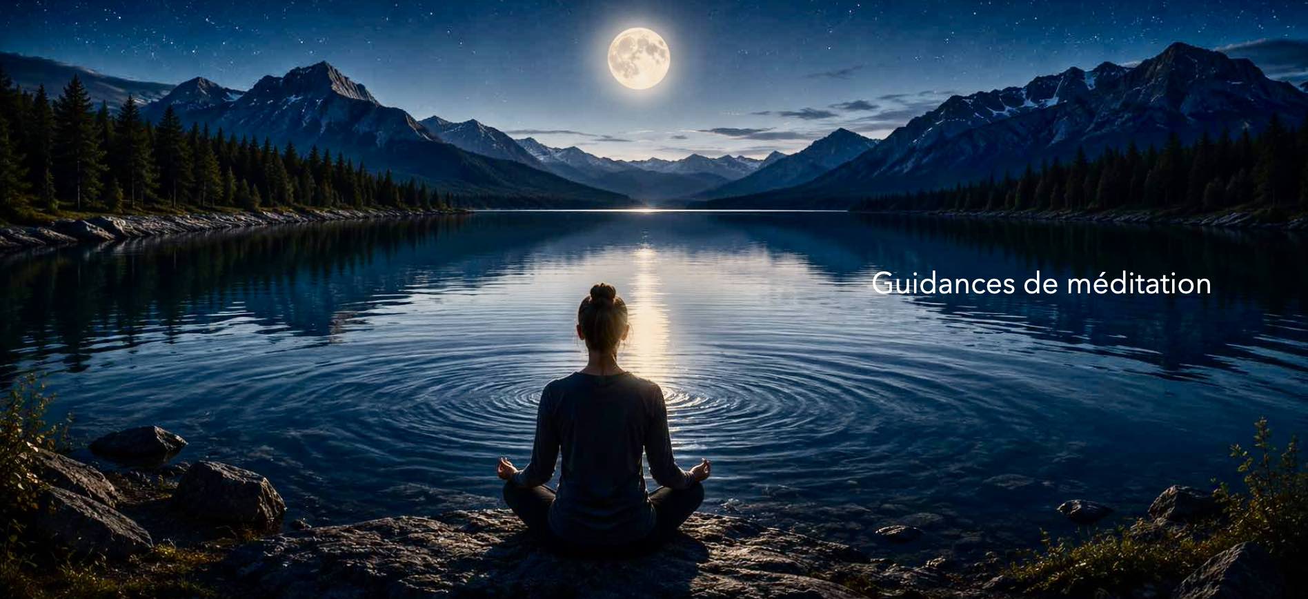 Une femme est assise en lotus ausol devant un lac sur lequel se reflète la lune. Il fait nuit, une nuit bleutée. Les montagne entourent le lac. La lune représente l'esprit qui voit son reflet dans le lac, comme le méditant voit le reflet de son esprit dans la clarté et la stabilité. C'est une image pour un programme de guidance de méditation. L’expérience est au centre. Les personnes explorent leur propre vécu intérieur. Elles apprenent à reconnaître ce qui se joue réellement en elle.