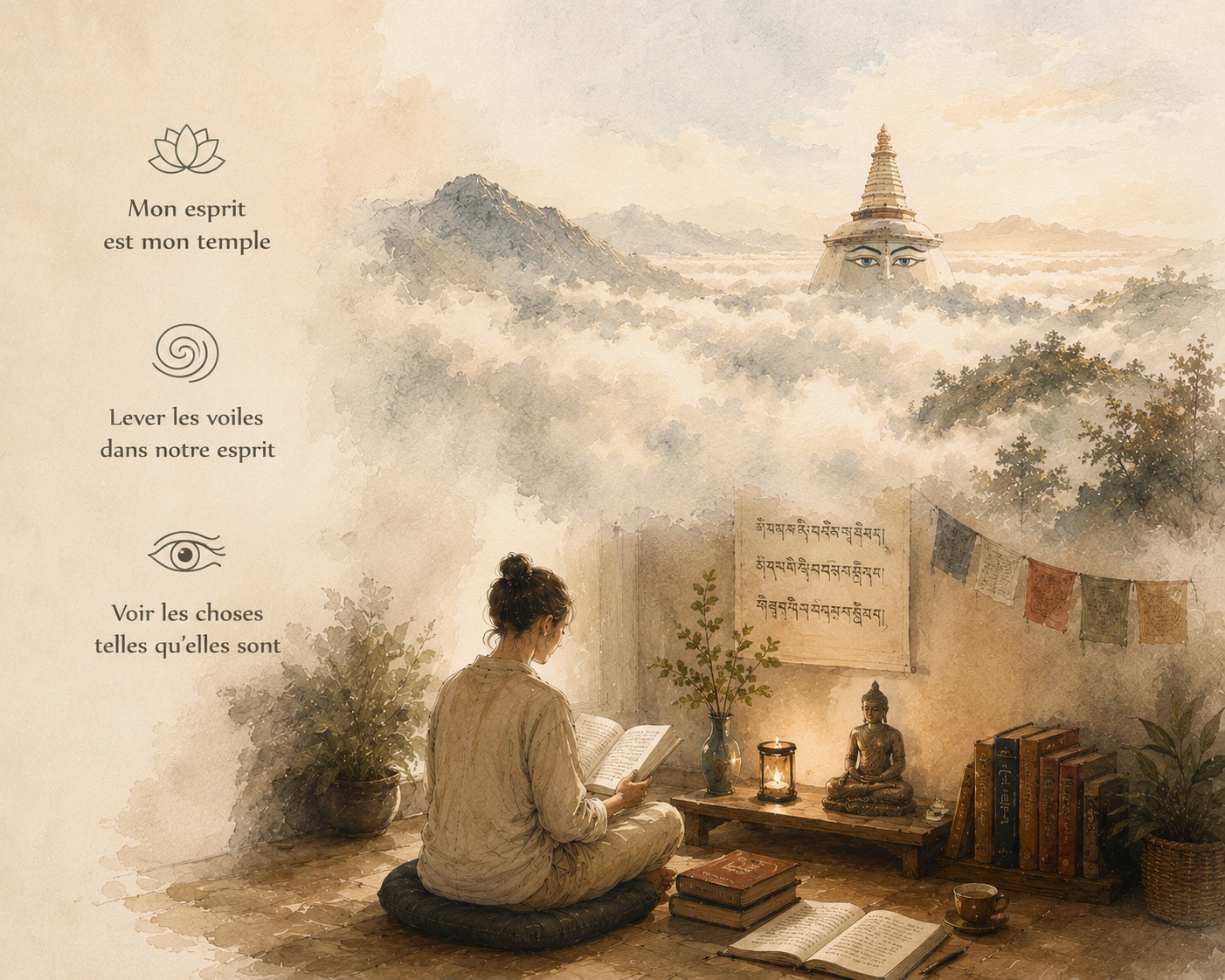 Une personne est aussi au sol sur un coussin, des livres sur sa droite, un bouddha et une bougie allumée devant elle, des drapeaux de prières au mur. Elle lit un texte de Dharma. Au dessus d'elle est illustré le haut d'un stupa avec les yeux qui transcendent l'ignorance. Il est représenté sur les hauteurs des montagnes, émergent du brouillard, au dessus voiles de l'esprit donc, pour voir clairement les choses telles qu'elles sont. Sur l'image est écrit "Mon esprit est mon temple, lever les voiles de l'esprit, Voir les choses telles qu'elles sont."