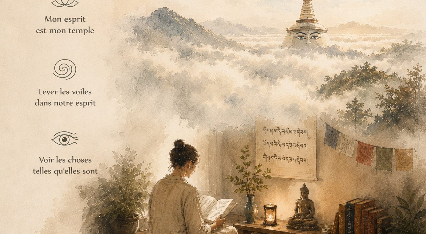 Une personne est aussi au sol sur un coussin, des livres sur sa droite, un bouddha et une bougie allumée devant elle, des drapeaux de prières au mur. Elle lit un texte de Dharma. Au dessus d'elle est illustré le haut d'un stupa avec les yeux qui transcendent l'ignorance. Il est représenté sur les hauteurs des montagnes, émergent du brouillard, au dessus voiles de l'esprit donc, pour voir clairement les choses telles qu'elles sont. Sur l'image est écrit "Mon esprit est mon temple, lever les voiles de l'esprit, Voir les choses telles qu'elles sont."
