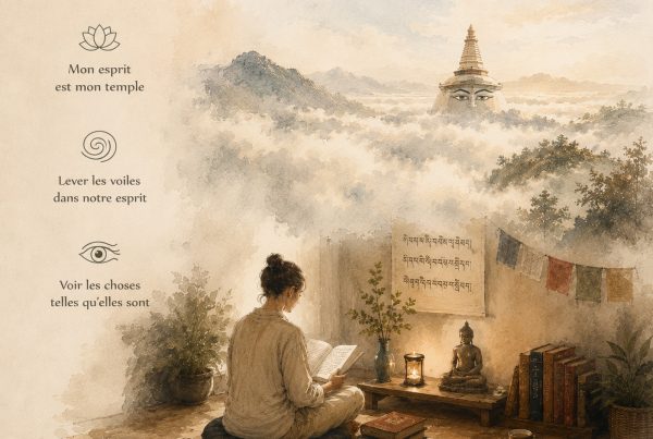 Une personne est aussi au sol sur un coussin, des livres sur sa droite, un bouddha et une bougie allumée devant elle, des drapeaux de prières au mur. Elle lit un texte de Dharma. Au dessus d'elle est illustré le haut d'un stupa avec les yeux qui transcendent l'ignorance. Il est représenté sur les hauteurs des montagnes, émergent du brouillard, au dessus voiles de l'esprit donc, pour voir clairement les choses telles qu'elles sont. Sur l'image est écrit "Mon esprit est mon temple, lever les voiles de l'esprit, Voir les choses telles qu'elles sont."