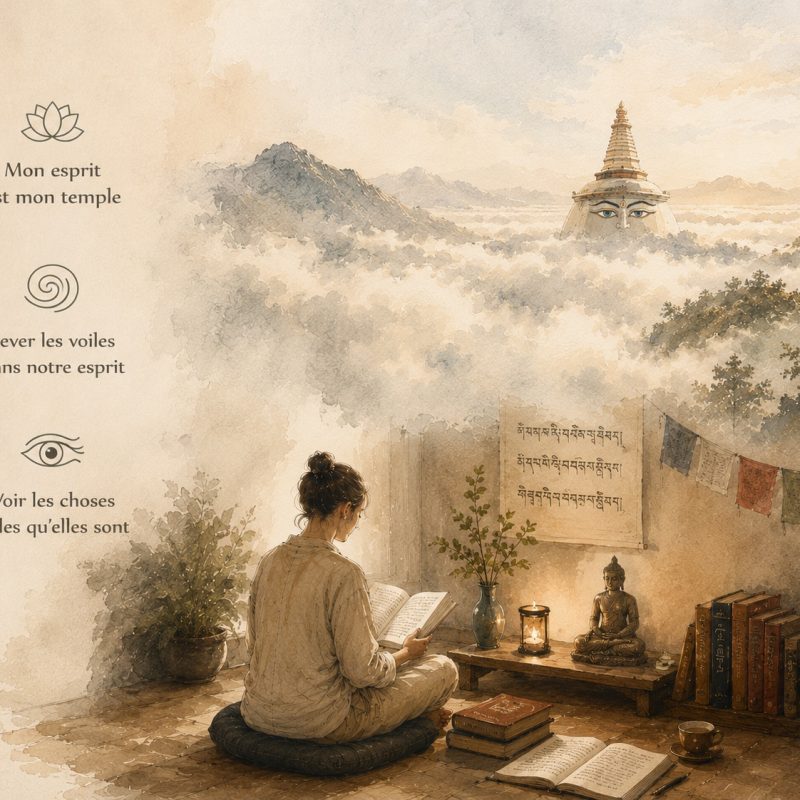 Une personne est aussi au sol sur un coussin, des livres sur sa droite, un bouddha et une bougie allumée devant elle, des drapeaux de prières au mur. Elle lit un texte de Dharma. Au dessus d'elle est illustré le haut d'un stupa avec les yeux qui transcendent l'ignorance. Il est représenté sur les hauteurs des montagnes, émergent du brouillard, au dessus voiles de l'esprit donc, pour voir clairement les choses telles qu'elles sont. Sur l'image est écrit "Mon esprit est mon temple, lever les voiles de l'esprit, Voir les choses telles qu'elles sont."