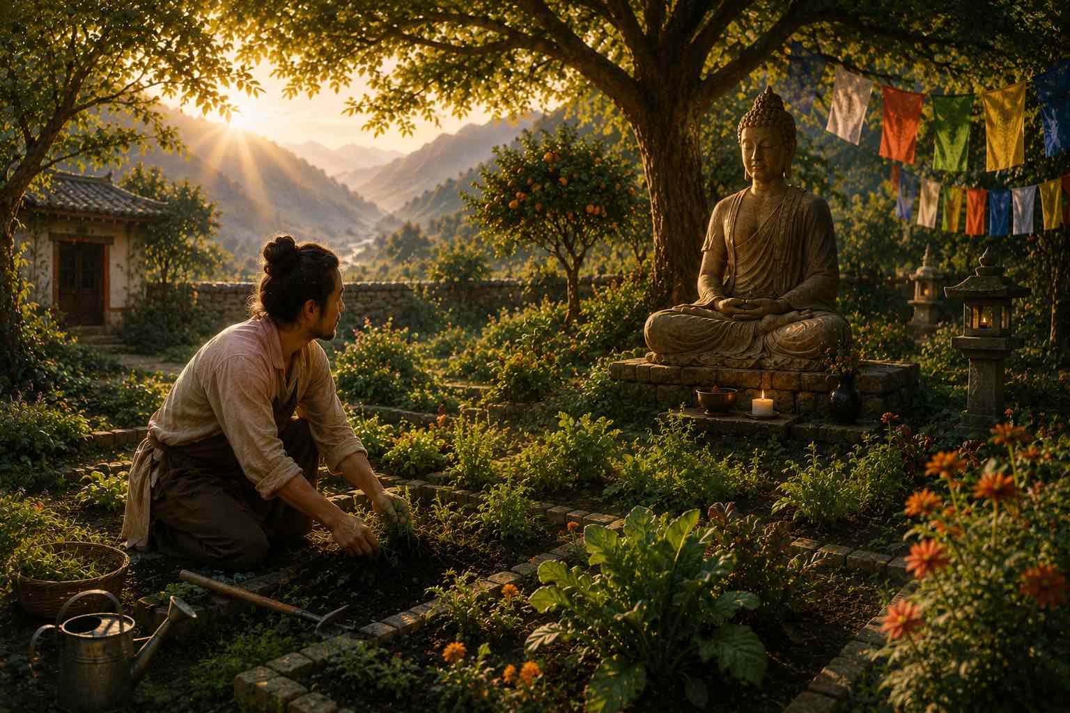 Un homme cultive son jardin dont les plantes sont luxuriantes. Il a les mains dans la terre. Sous un arbre une statue de Bouddha avec des drapeaux de prière attachés aux branches. L'homme regarde le Bouddha et cultive son esprit comme il cultive son jardin, en enlevant les mauvaises herbes (émotions négatives), arrosant et arrangeant les allées (discernement et enseignements). Il cultive son jardin comme il cultive son esprit.